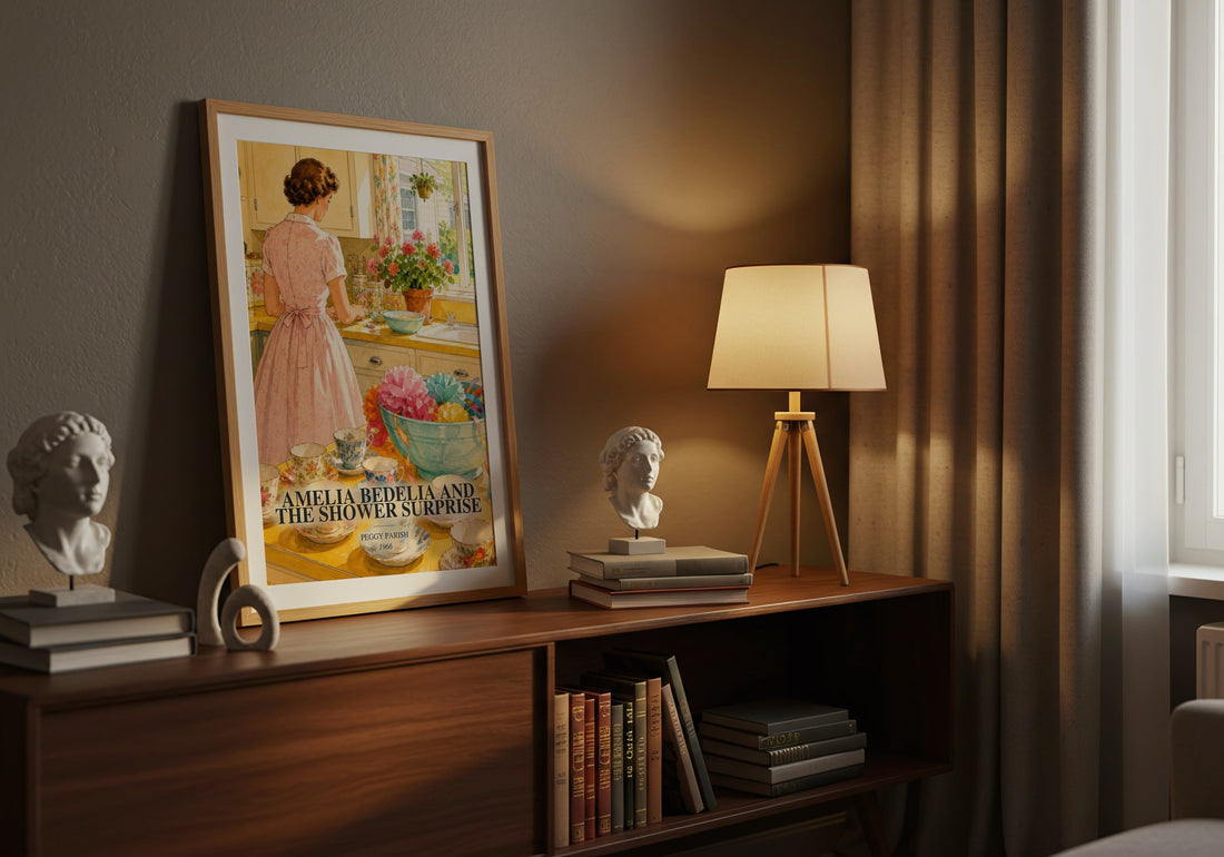 Amelia Bedelia and the Shower Surprise watercolour print on bookshelf – Peggy Parish fan gift