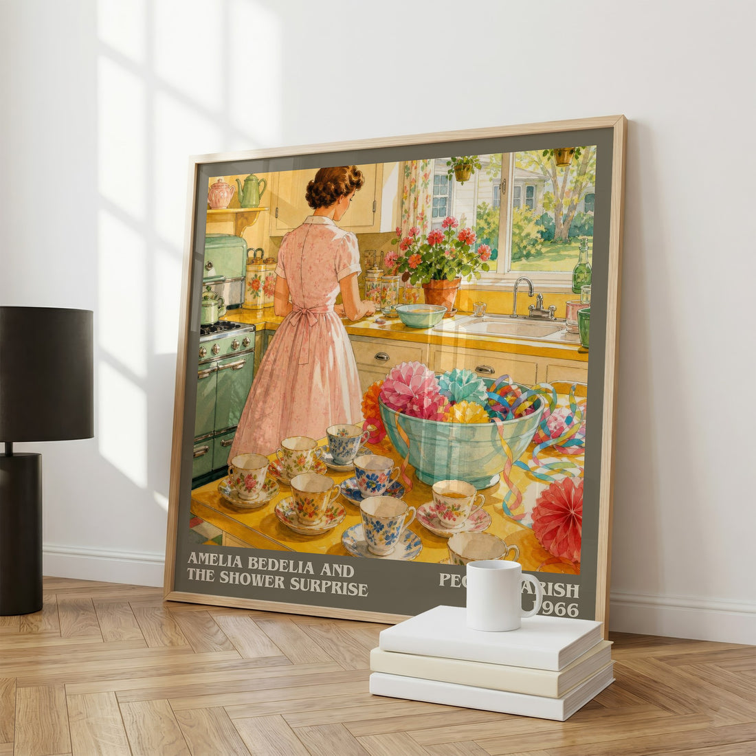 Amelia Bedelia and the Shower Surprise literary print framed by window – literary home decor