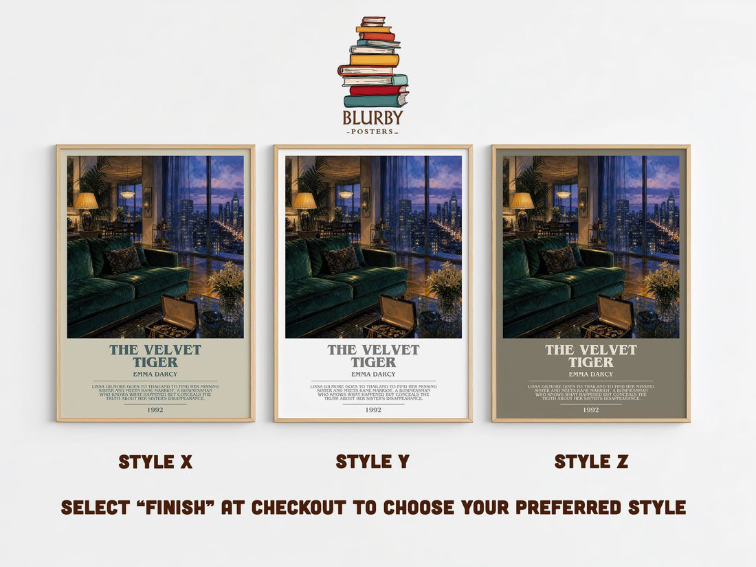 The Velvet Tiger bookish print in frame leaning in hallway – romance wall art (mockup)
