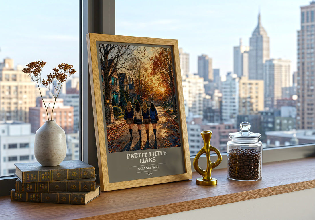 Pretty Little Liars book cover print framed by window – literary home decor