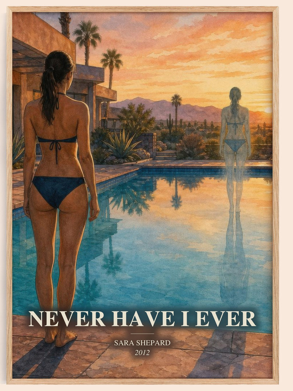 Never Have I Ever watercolour book poster by Sara Shepard – framed literary art print