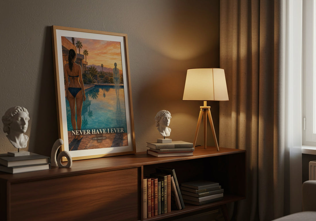 Never Have I Ever watercolour print on bookshelf – Sara Shepard fan gift