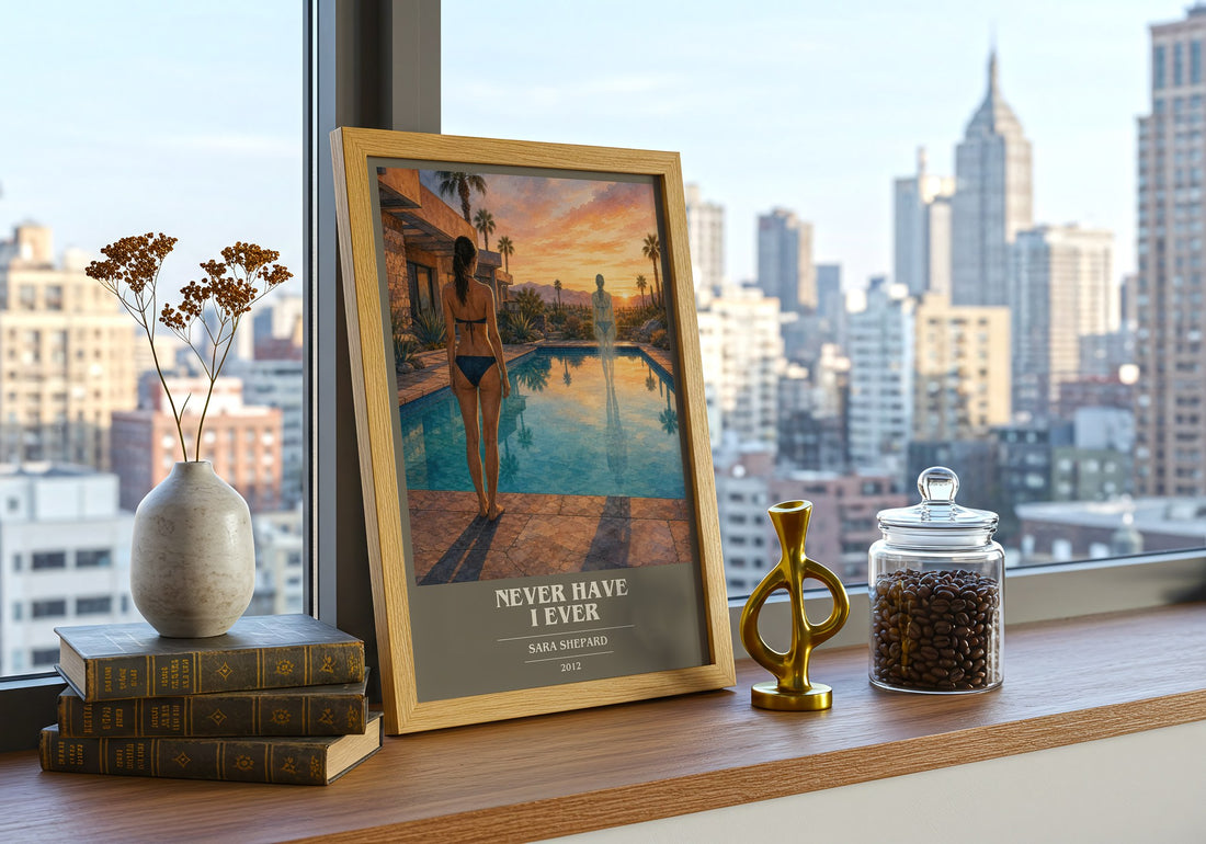 Never Have I Ever book cover print framed by window – literary home decor