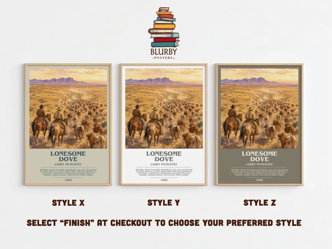 Lonesome Dove bookish print in frame leaning in hallway – literary fiction wall art (mockup)