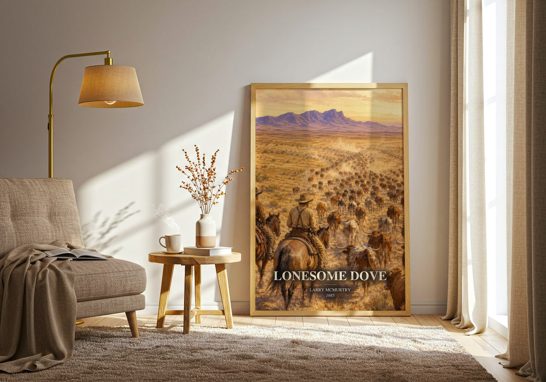 Lonesome Dove watercolour print in frame leaning in hallway – literary fiction wall art