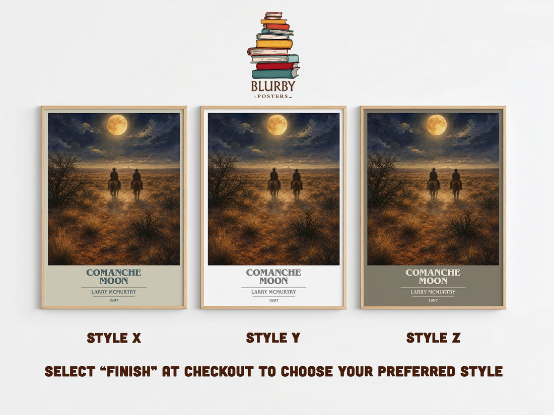 Comanche moon book cover print in frame leaning in hallway – historical fiction wall art (mockup)