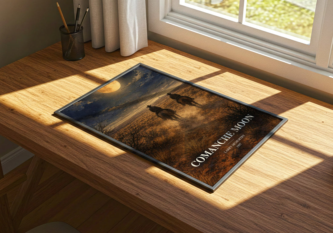 Comanche moon watercolour book poster framed on wall – historical fiction wall art