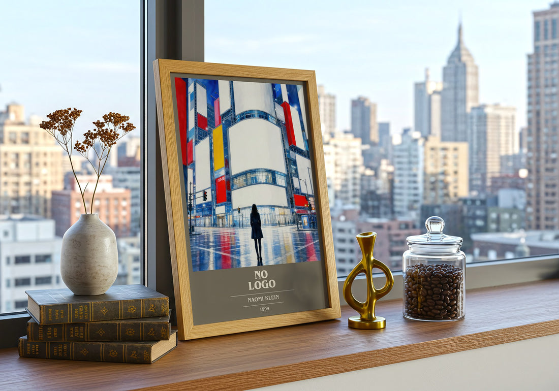 No Logo book cover print framed by window – literary home decor