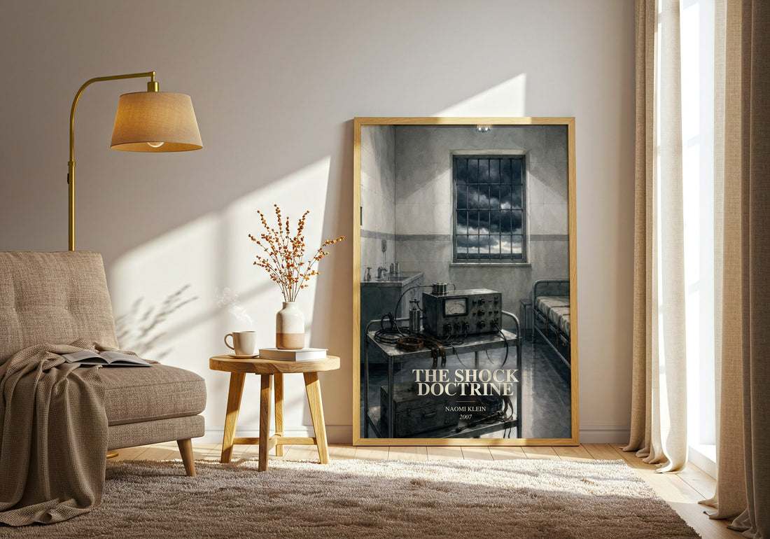 The Shock Doctrine watercolour print in frame leaning in hallway – non fiction wall art