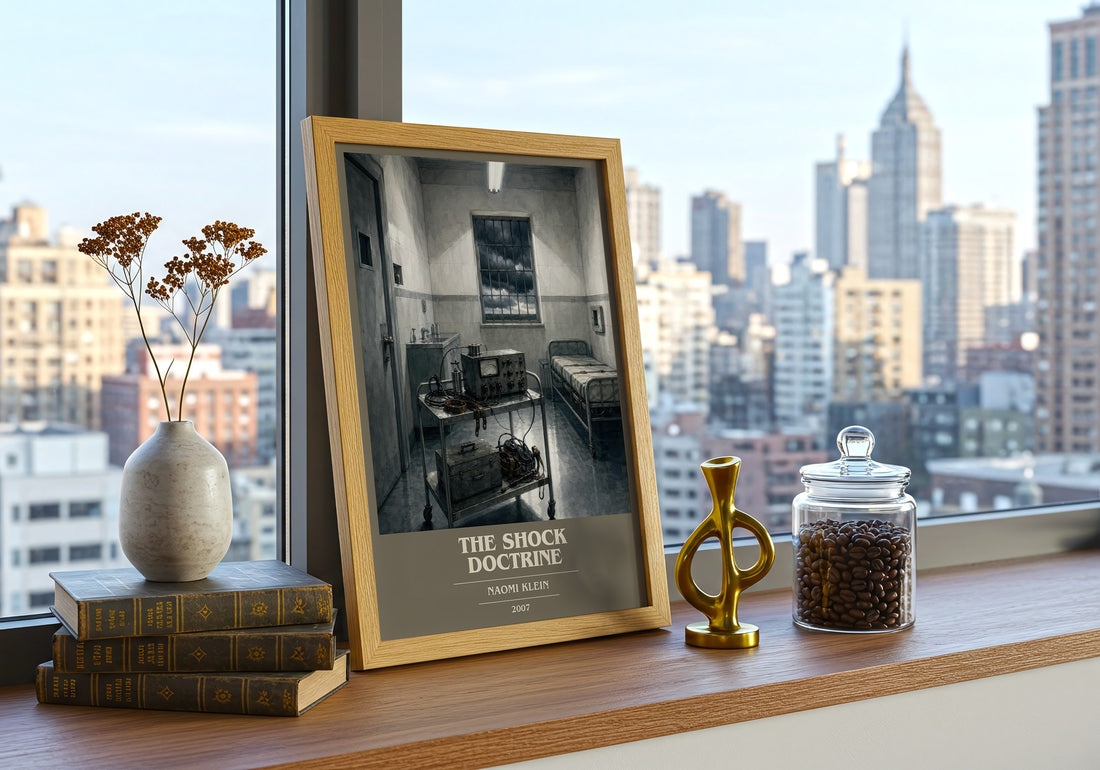 The Shock Doctrine book cover print framed by window – literary home decor