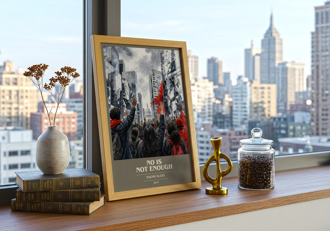 No Is Not Enough book cover print framed by window – literary home decor