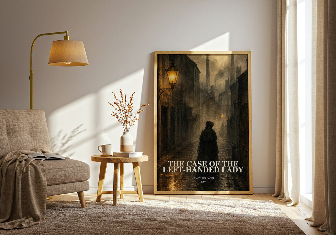 The Case of the Left-Handed Lady watercolour print in frame leaning in hallway – mystery wall art