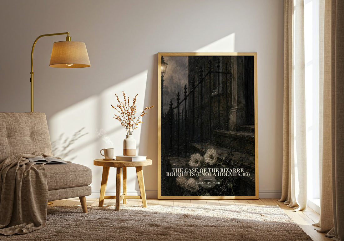 The Case of the Bizarre Bouquets (Enola Holmes, #3) watercolour print in frame leaning in hallway – mystery wall art