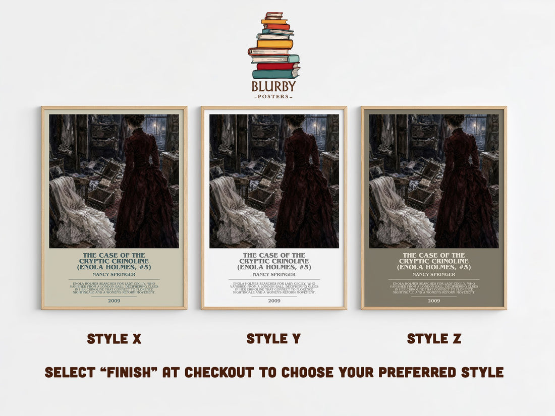 The Case of the Cryptic Crinoline (Enola Holmes, #5) bookish print in frame leaning in hallway – mystery wall art (mockup)