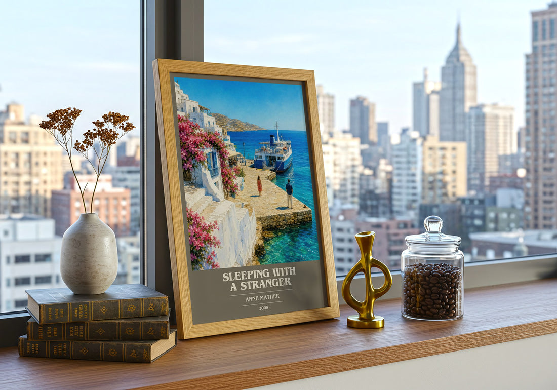 Sleeping with a Stranger book cover print framed by window – literary home decor