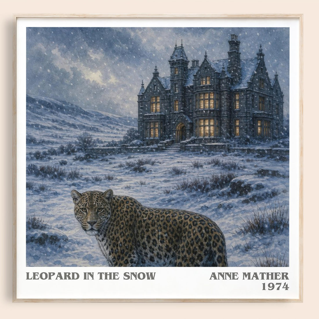 Leopard in the Snow literary book poster by Anne Mather – framed literary art print