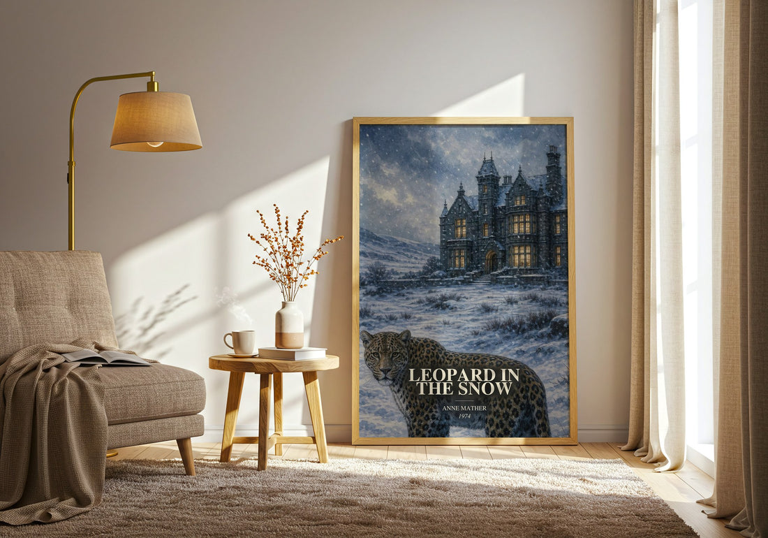 Leopard in the Snow watercolour print in frame leaning in hallway – romance wall art