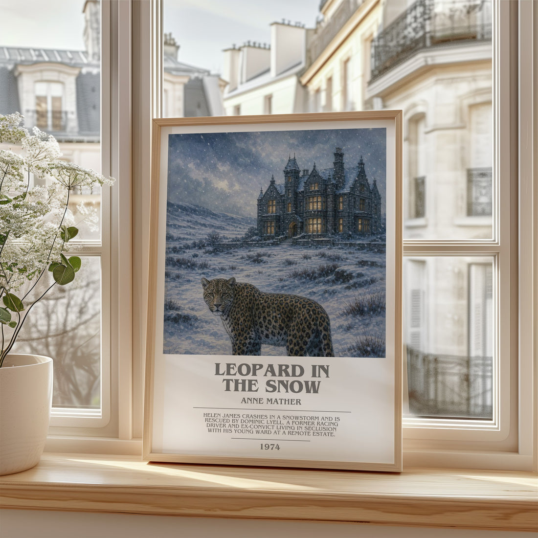 Leopard in the Snow bookish poster colour and style options – Anne Mather book art