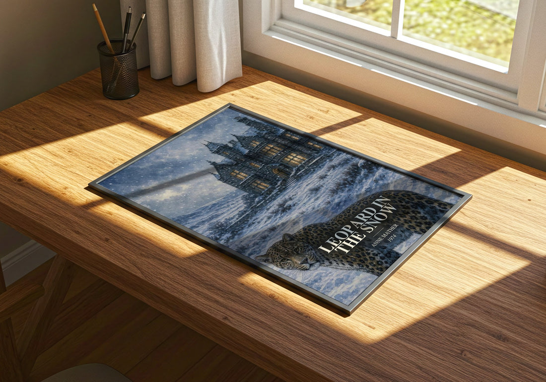 Leopard in the Snow watercolour book poster framed on wall – romance wall art