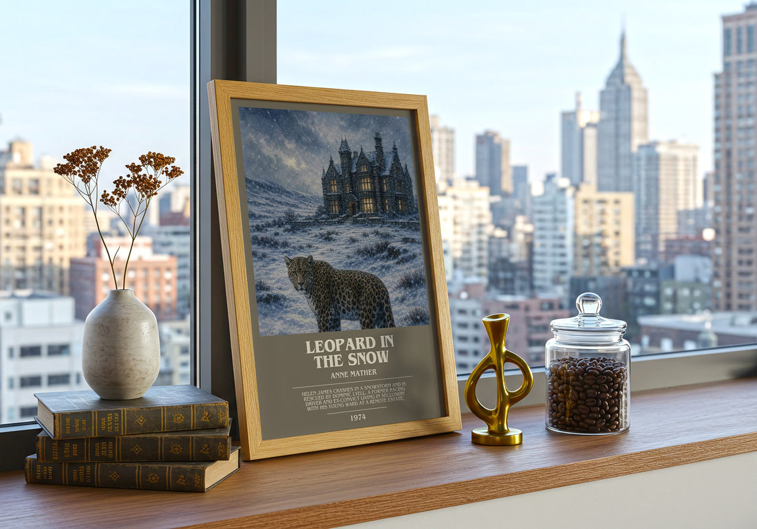 Leopard in the Snow bookish print framed by window – literary home decor