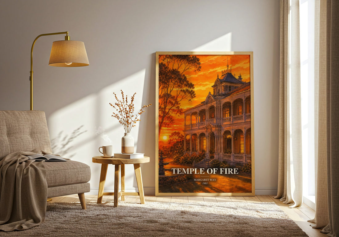 Temple of Fire watercolour print in frame leaning in hallway – romance wall art
