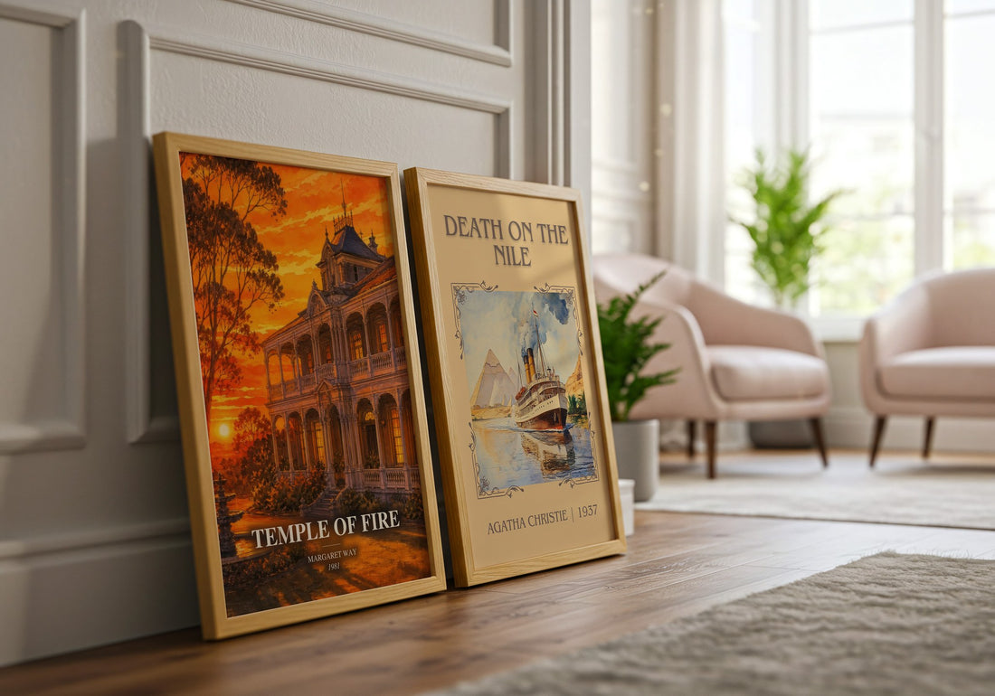 Temple of Fire watercolour print framed by window – literary home decor