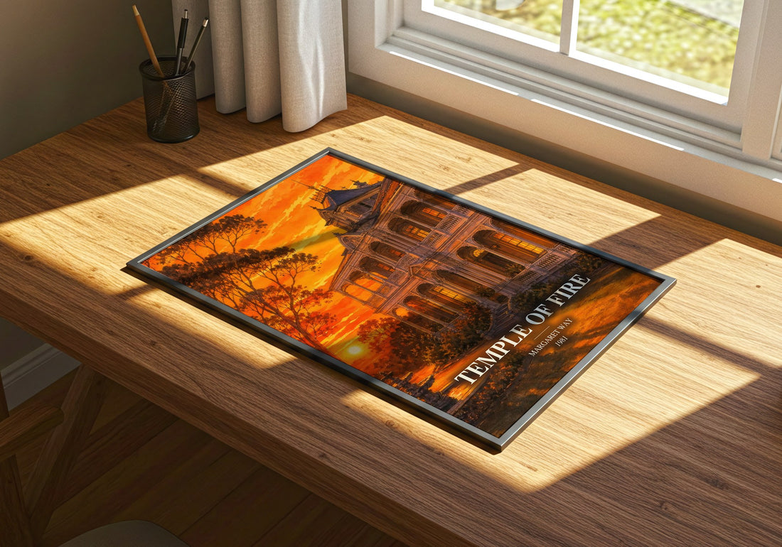 Temple of Fire watercolour book poster framed on wall – romance wall art