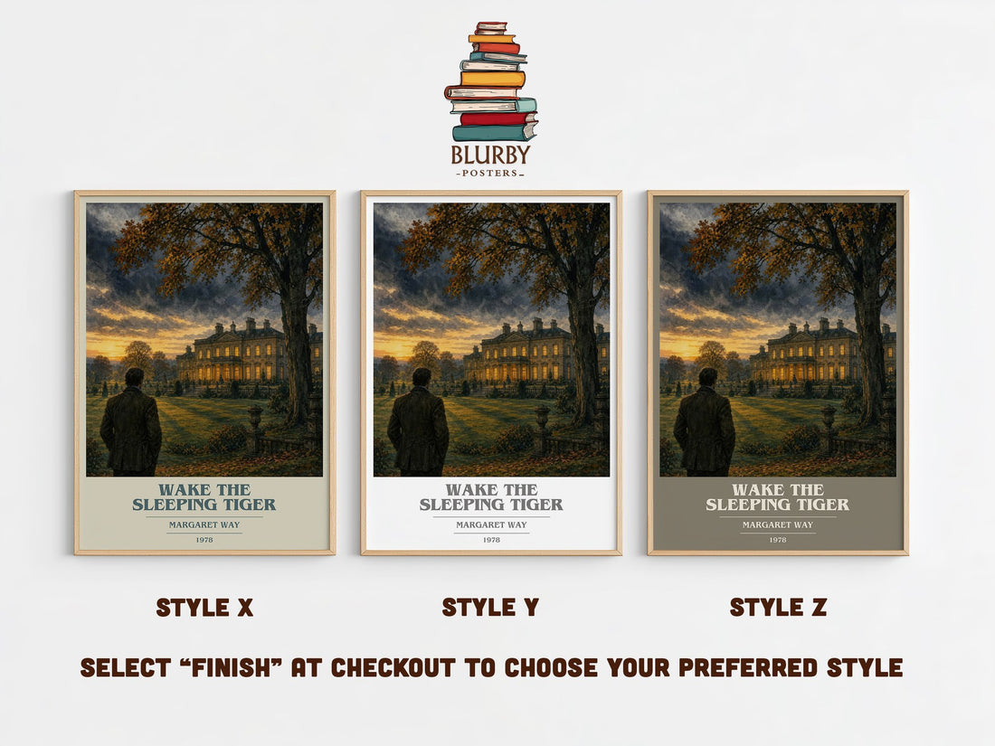 Wake the Sleeping Tiger book cover print in frame leaning in hallway – romance wall art (mockup)