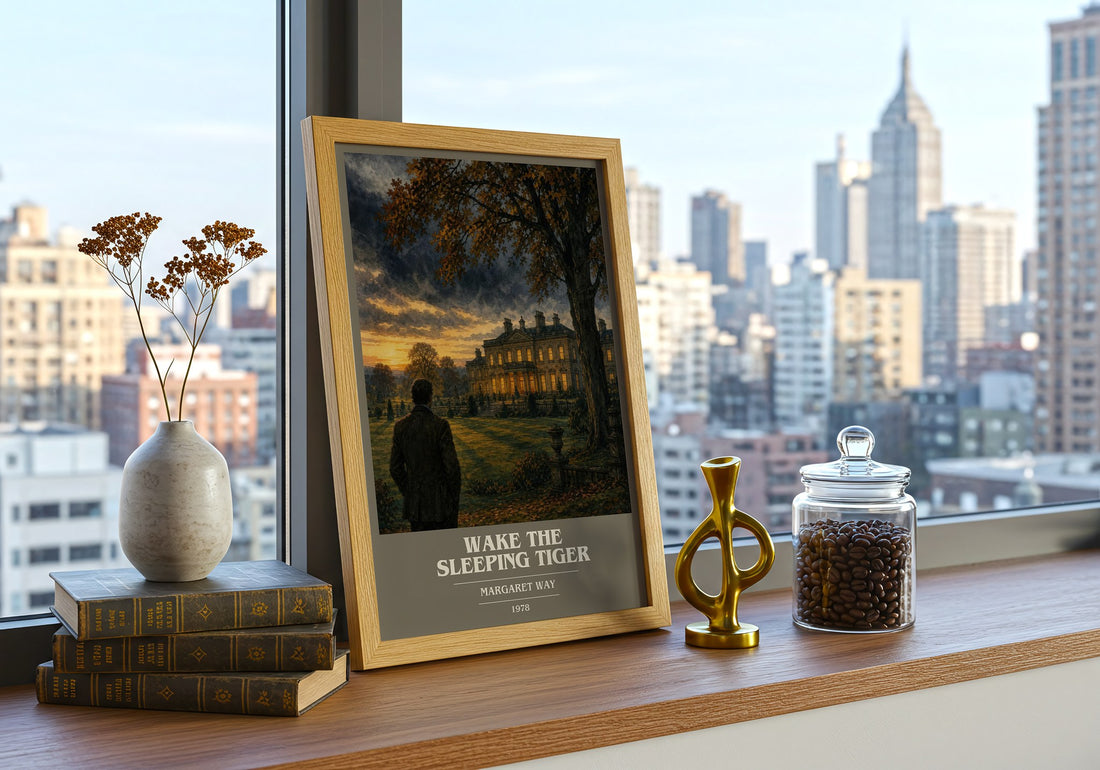 Wake the Sleeping Tiger book cover print framed by window – literary home decor