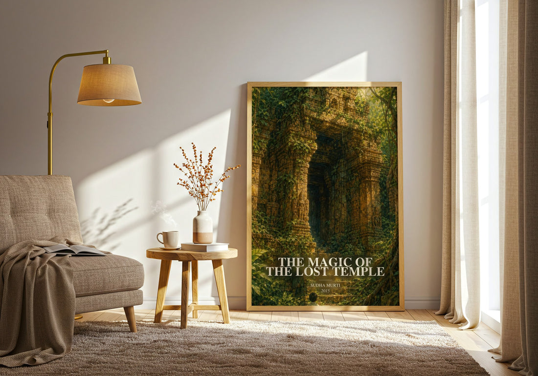 The Magic of the Lost Temple watercolour print in frame leaning in hallway – childrens wall art