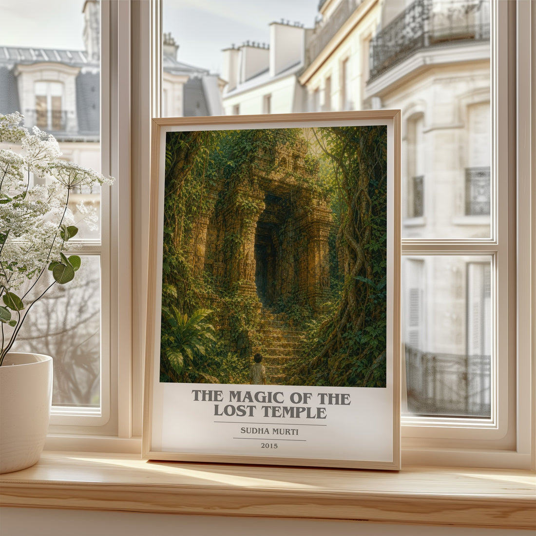 The Magic of the Lost Temple Book Cover Poster by Sudha Murti – framed print by a bright window