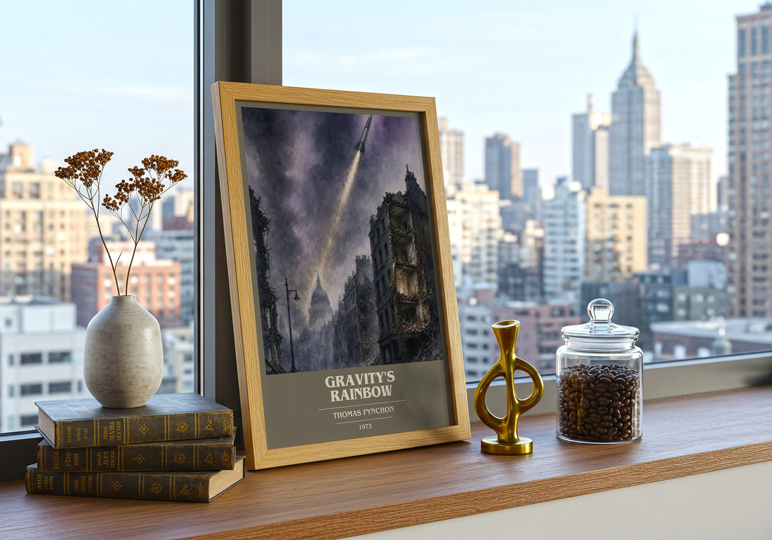 Gravity's Rainbow book cover print framed by window – literary home decor
