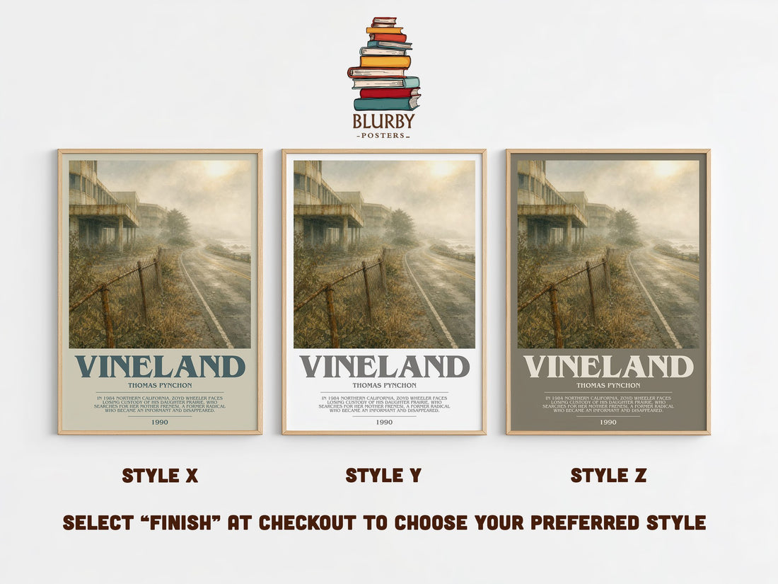 Vineland bookish print in frame leaning in hallway – literary fiction wall art (mockup)