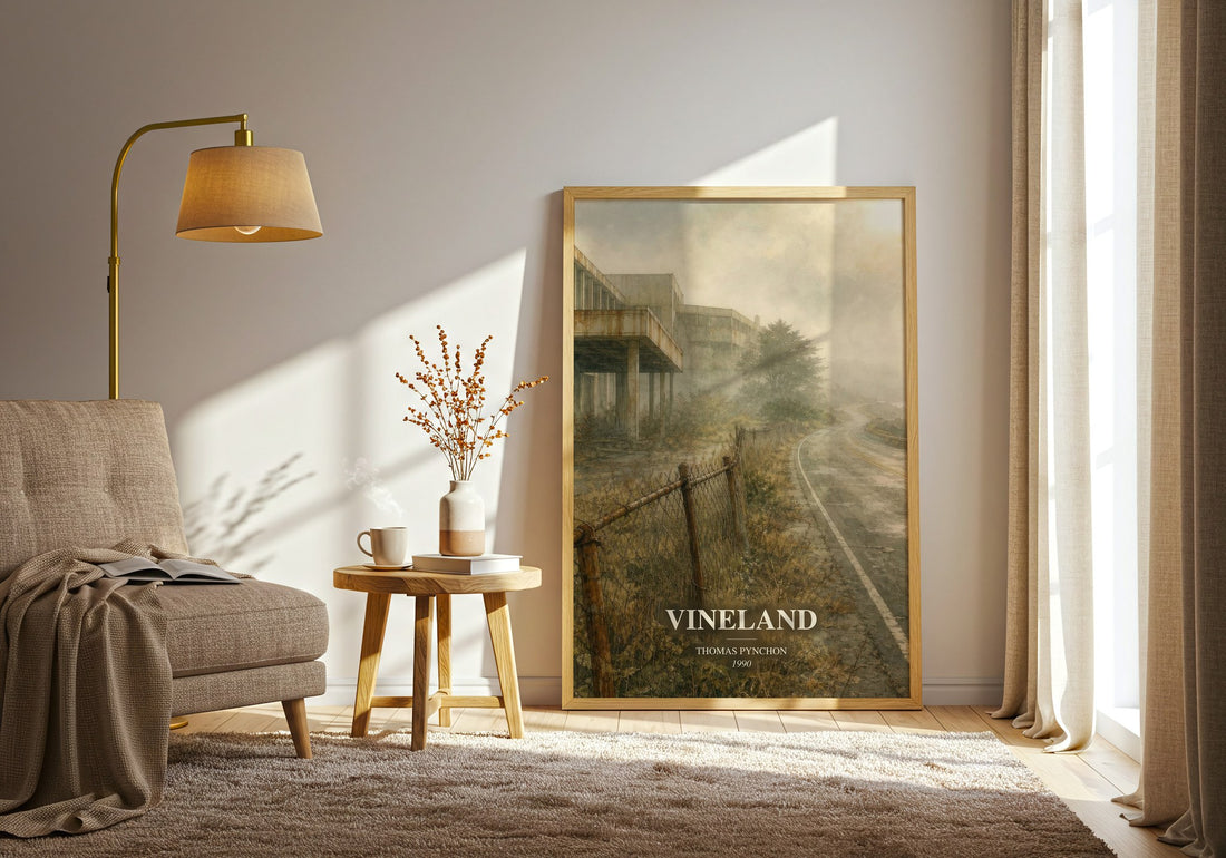 Vineland watercolour print in frame leaning in hallway – literary fiction wall art