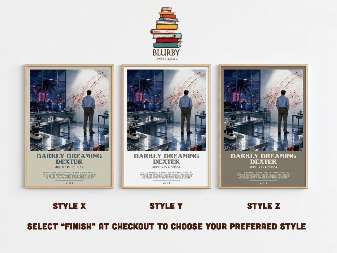 Darkly dreaming Dexter bookish print in frame leaning in hallway – thriller wall art (mockup)