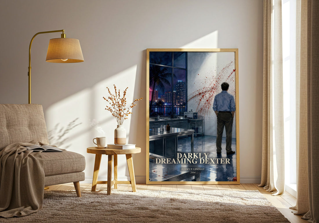 Darkly dreaming Dexter watercolour print in frame leaning in hallway – thriller wall art