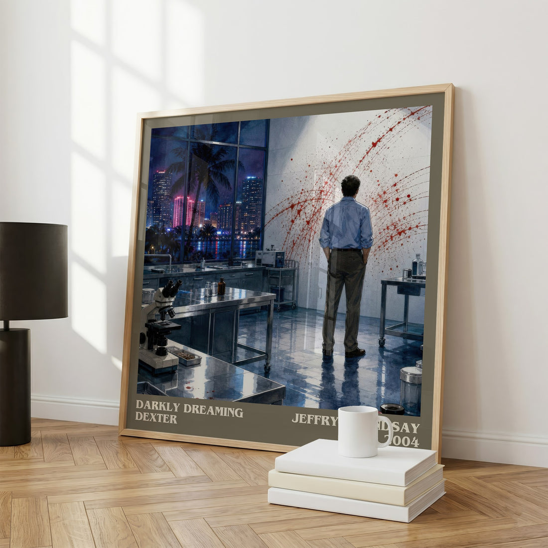 Darkly dreaming Dexter literary print framed by window – literary home decor