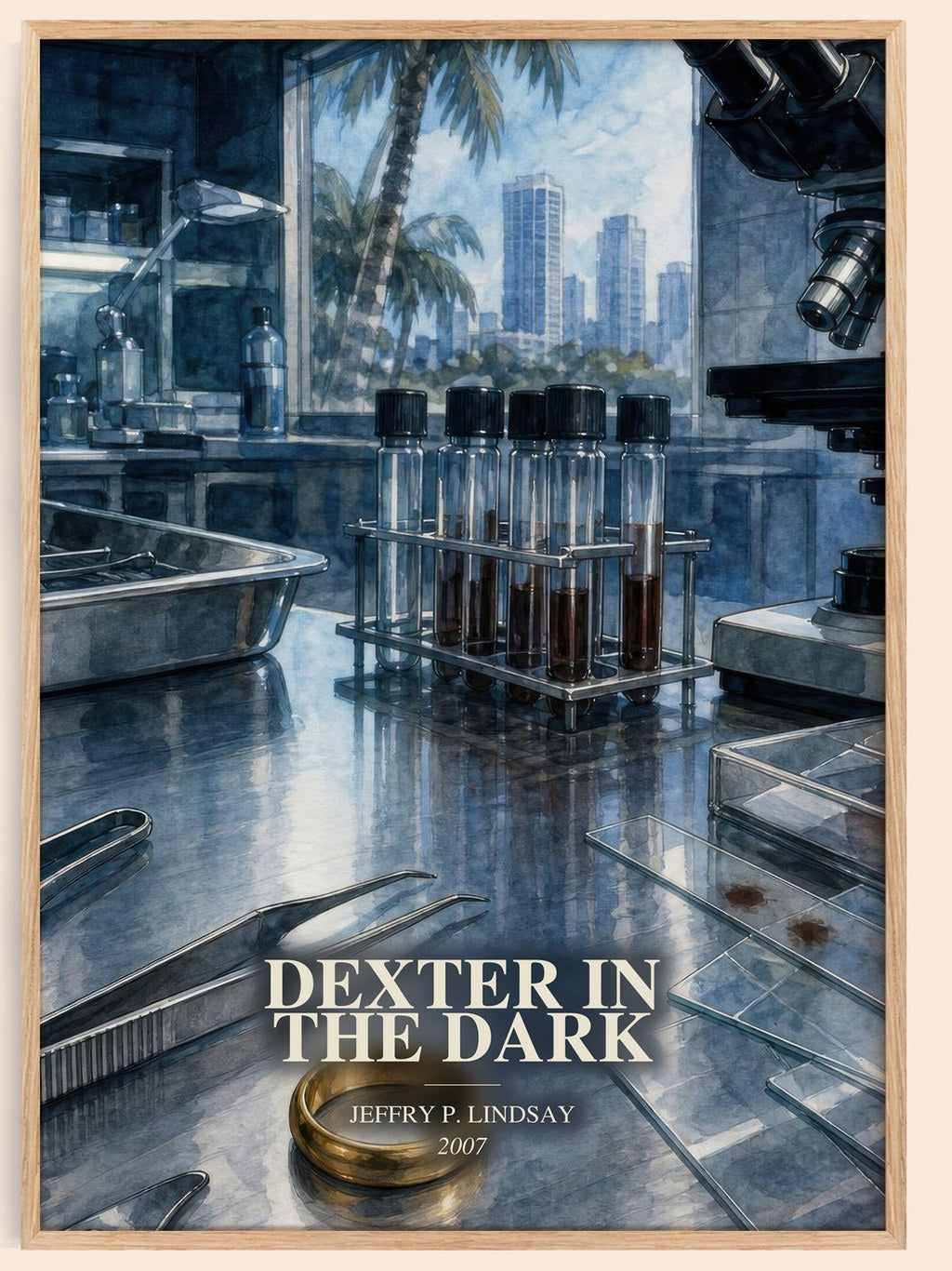 Dexter in the dark watercolour book poster by Jeffry P. Lindsay – framed literary art print