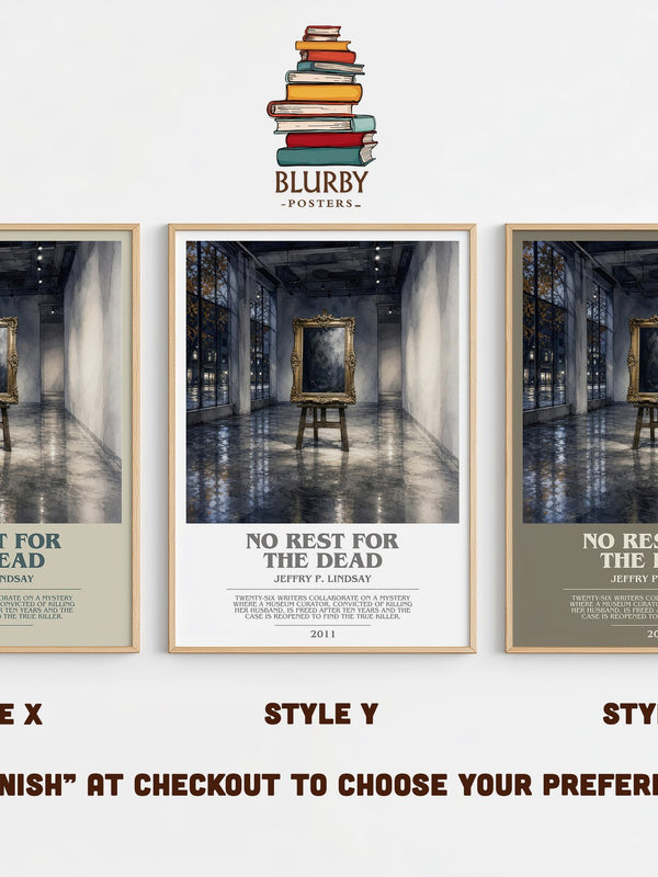 No Rest for the Dead bookish print in frame leaning in hallway – mystery wall art