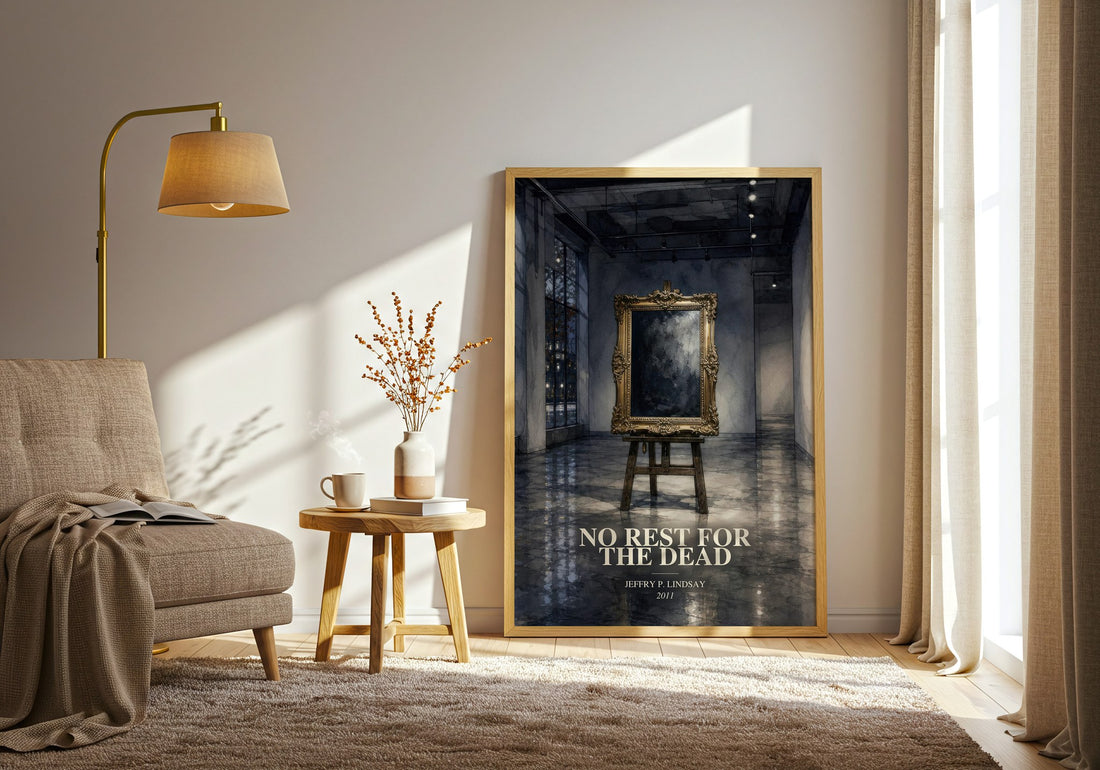 No Rest for the Dead watercolour print in frame leaning in hallway – mystery wall art