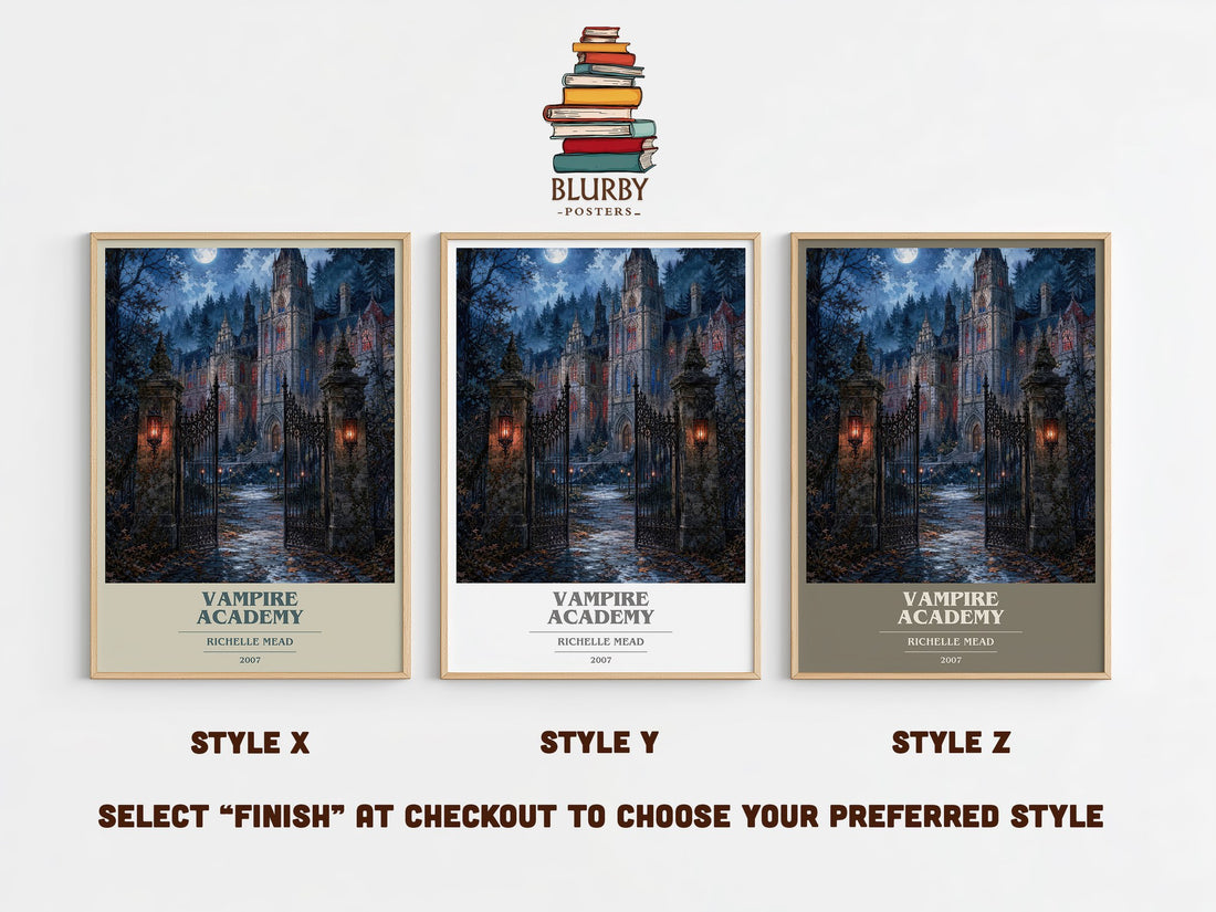 Vampire Academy book cover print in frame leaning in hallway – young adult wall art (mockup)