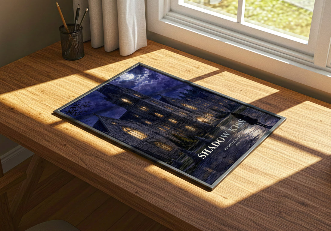 Shadow Kiss watercolour book poster framed on wall – young adult wall art