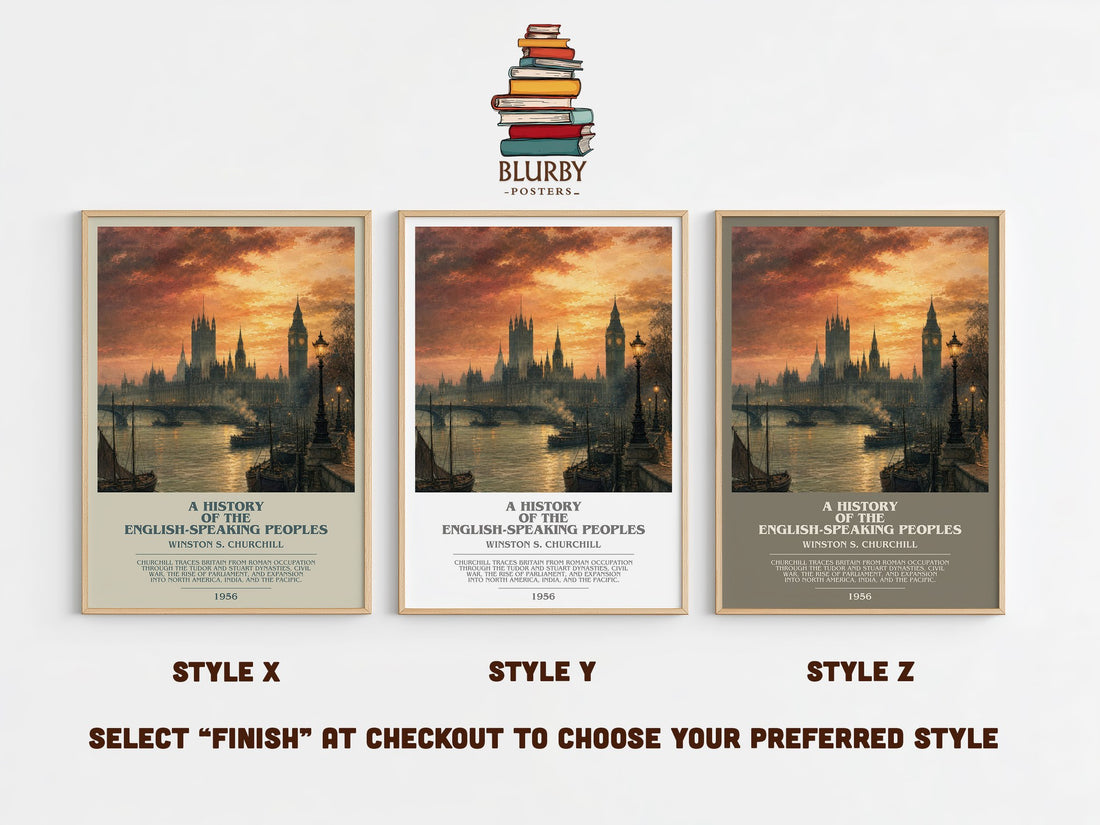 A History of the English-Speaking Peoples bookish print in frame leaning in hallway – non fiction wall art (mockup)