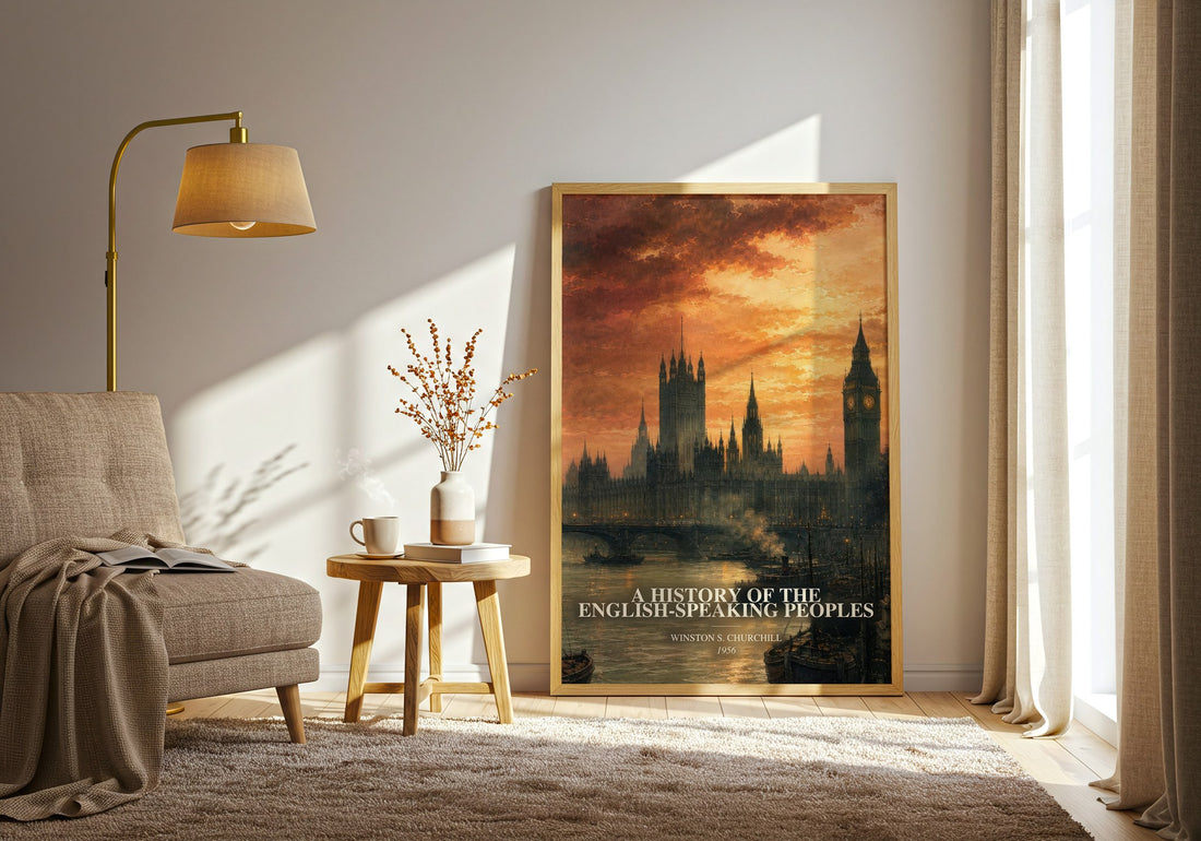 A History of the English-Speaking Peoples watercolour print in frame leaning in hallway – non fiction wall art