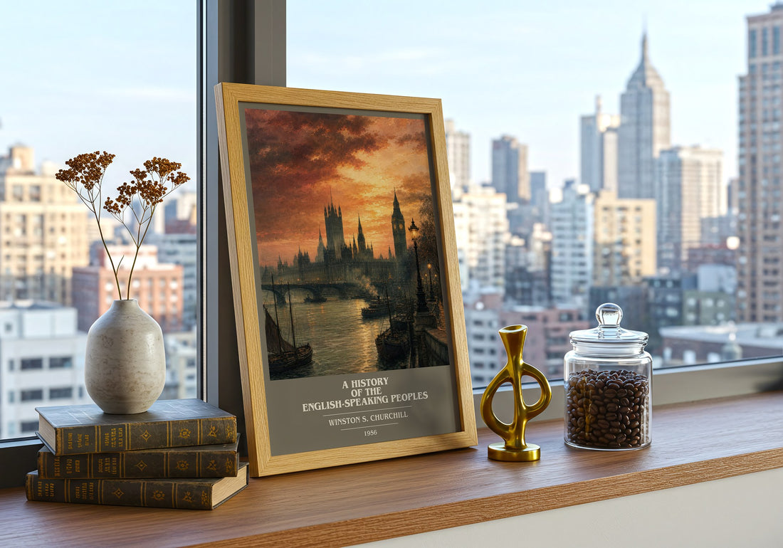 History of the English-Speaking Peoples Book Cover Poster by Winston S. Churchill – framed print on a city-view windowsill