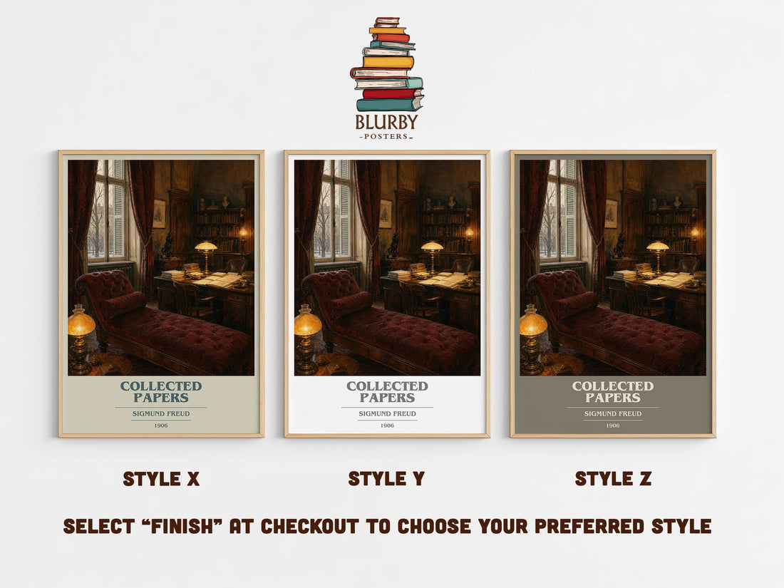 Collected papers book cover print in frame leaning in hallway – non fiction wall art (mockup)