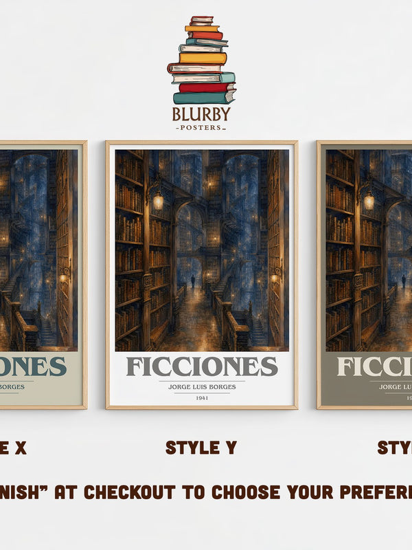 Ficciones book cover print in frame leaning in hallway – literary fiction wall art