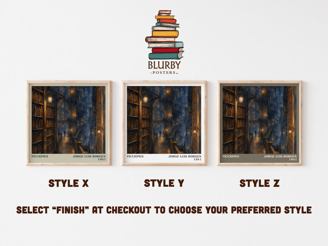 Ficciones literary print in frame leaning in hallway – literary fiction wall art (mockup)