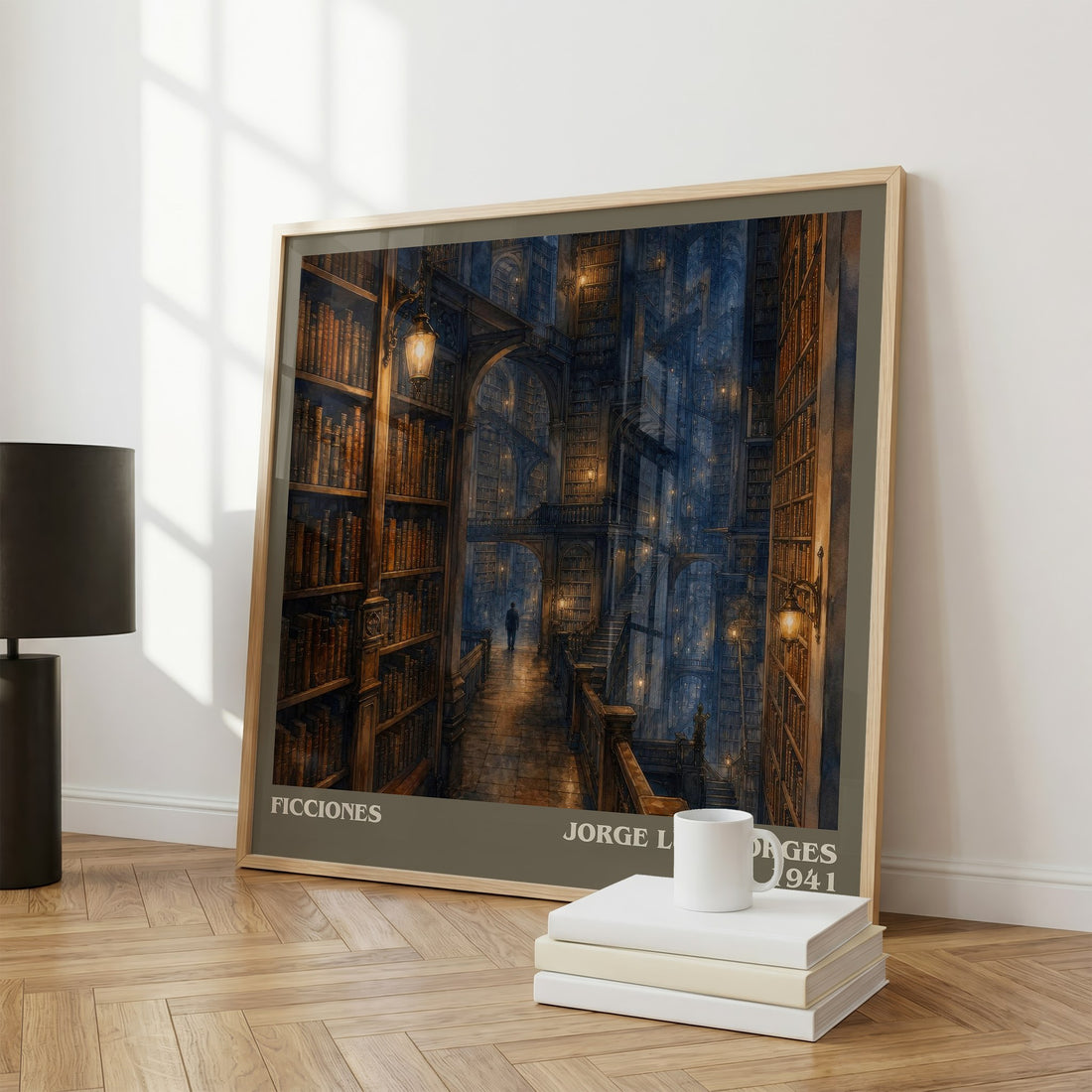 Ficciones literary print framed by window – literary home decor