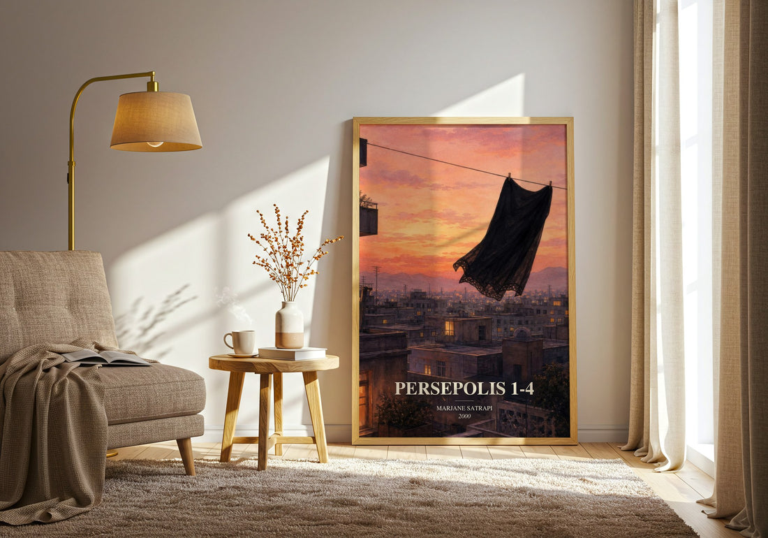 Persepolis 1-4 watercolour print in frame leaning in hallway – memoir wall art